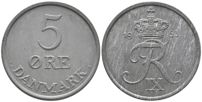 ДАНИЯ 5 ЭРЕ 1963 C; S, ФРЕДЕРИК IX (1947-1972) KM 843.2 цинк UNC 32-534