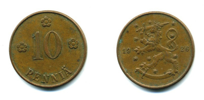 Финляндия 10 пенни 1926 республика (1918-1962) KM 24 медь 46-1526