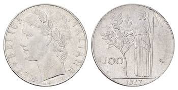 Италия 100 лир 1957 R, Афина в доспехах KM 96.1 нержавеющая сталь 4704-656