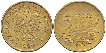 ПОЛЬША 5 ГРОШЕЙ 1990 MW KM 278 латунь 100-1222