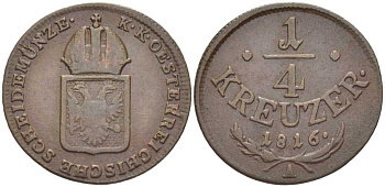 АВСТРИЯ 1/4 КРЕЙЦЕРА 1816 A, ФРАНЦ II (1792-1835) KM 2107 медь 201-863