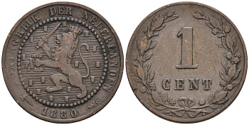 Нидерланды 1 цент 1880 Виллем III (1849-1890) KM 107 бронза 4576-555