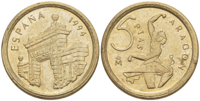 ИСПАНИЯ 5 ПЕСЕТ 1994 АРАГОН (ARAGON) , БАЛЕРИНА, ХУАН КАРЛОС I ( 1975-) KM 931 никель латунь 4181-11 19