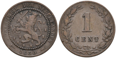 Нидерланды 1 цент 1880 Виллем III (1849-1890) KM 107 бронза 4576-555