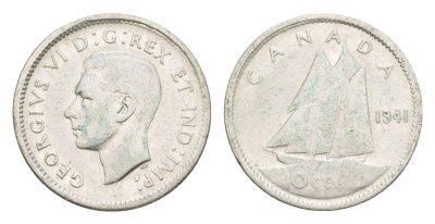 Канада 10 центов 1941 Георг VI (1936-1952), парусник KM 34 серебро 4639-542