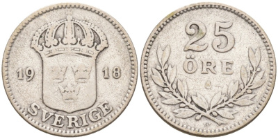 Швеция 25 эре 1918 W, Густав V (1907-1950) KM 785 серебро 4380-136