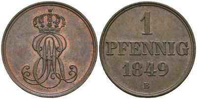 Ганновер 1 пфенниг 1849 B, Эрнст Август (1837-1851) KM 201.1, AKS 129, J. 74 медь 4608-1045