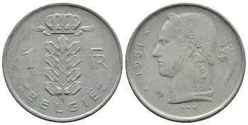 БЕЛЬГИЯ 1 ФРАНК 1951 BELGIE KM 143.1 медно-никель 89-434