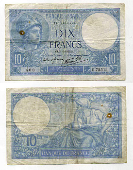 ФРАНЦИЯ 10 ФРАНКОВ 1939 21 СЕНТЯБРЯ 1939 Pick 84 бумага 450-89-3