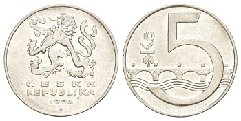 Чехия 5 крон 1993 чешский лев, Карлов мост KM 8 сталь плакированная никелем 4629-631