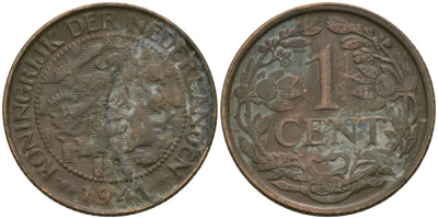 Нидерланды 1 цент 1941 Вильгельмина (1890-1948) KM 152 бронза 4576-1153