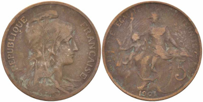 ФРАНЦИЯ 5 САНТИМОВ 1901 ТИП ДАНИЭЛЬ ДЮПЮИ KM 842, LE FRANC 119.11 бронза 108-827