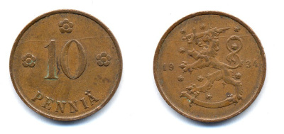 Финляндия 10 пенни 1934 республика (1918-1962) KM 24 медь 51-5425