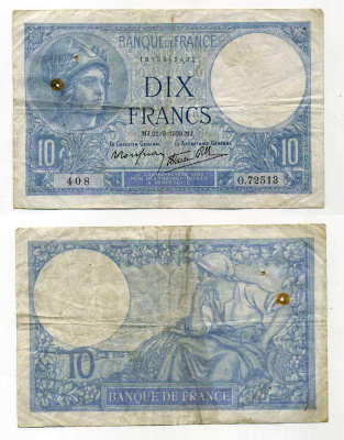 ФРАНЦИЯ 10 ФРАНКОВ 1939 21 СЕНТЯБРЯ 1939 Pick 84 бумага 450-89-3