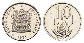 ЮАР 10 центов 1971 герб, цветок алоэ KM 85 никель PROOF 4690-1122