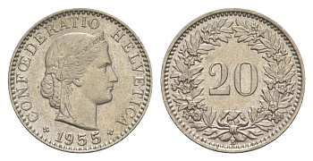 Швейцария 20 раппенов 1955 B KM 29a медно-никель 4625-1054