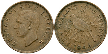 Новая Зеландия 1 пенни 1944 Птица Туи, Король Георг VI (1937 - 1952) KM 13 бронза 4165-1232