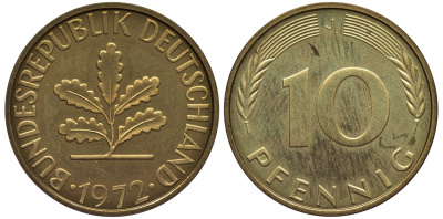 ФРГ 10 пфеннигов 1972 J KM 108, J.383 сталь плакированная латунью PROOF 1099-4-42