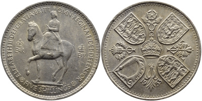 Великобритания 1 крона (5 шиллингов) 1953 коронация королевы Елизаветы, Елизавета II (1952-2022) Елизаветы KM 894, Spink 4136 медно-никель UNC 58-935