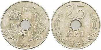 ДАНИЯ 25 ЭРЕ 1977 S; B, МАРГРЕТЕ II (1972-) KM 861.1 медно-никель 4402-1253