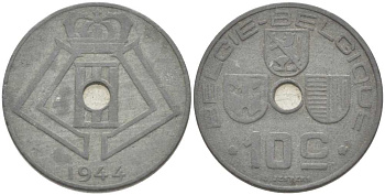 БЕЛЬГИЯ 10 САНТИМОВ 1944 BELGIE-BELGIQUE, ГЕРМАНСКАЯ ОККУПАЦИЯ, ВТОРАЯ МИРОВАЯ ВОЙНА KM 126 цинк 217-126