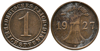 ГЕРМАНИЯ 1 РЕЙХСПФЕННИГ 1927 F KM 37, J. 313 бронза 39-946