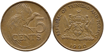 Тринидад и Тобаго 5 центов 1990 райская птица KM 30 бронза 4398-143