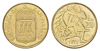 Сан-Марино 20 лир 1973 KM 26 алюминиевая бронза UNC 4647-164