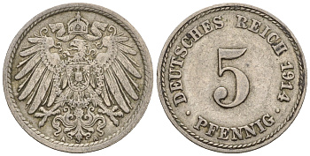 Германия 5 пфеннигов 1914 A, KM 11, J. 12 медно-никель 220-721