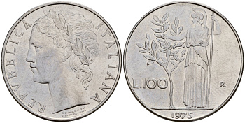 Италия 100 лир 1975 R, Афина у оливкого дерева KM 96.1 нержавеющая сталь 4131-1113