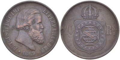 Бразилия 20 рейсов 1869 Педро II (1831-1889) KM 474 бронза 4529-453