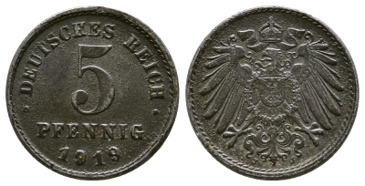 ГЕРМАНИЯ 5 ПФЕННИГОВ 1919 J KM 19, J. 297 железо 4380-149