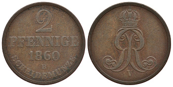 ГАННОВЕР 2 ПФЕННИГА 1860 KM 234, Jaeger 91, AKS 153 медь 413-3713