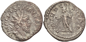 Римская Империя (императоры в Галлии) антониниан 261 Постум. IMP C POSTVMVS P F AVG / P M TR P COS II P P, император в военном доспехе, держит копье и сферу, Августа Треверов, Good Very fine RIC 54 биллон 1073-12-43