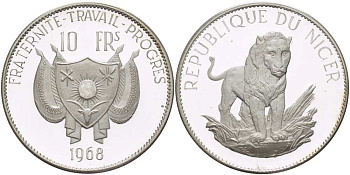 Нигер 10 франков 1968 лев, без черты над Е, в слове Republique KM 8.2 серебро PROOF 02-073-15