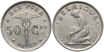 БЕЛЬГИЯ 50 САНТИМОВ 1923 BELGIQUE, АЛЬБЕРТ I (1909-1934) KM 87 никель 27-121