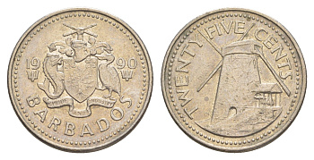 Барбадос 25 центов 1990 ветряная мельница Моргана Льюиса KM 13 медно-никель 4646-231