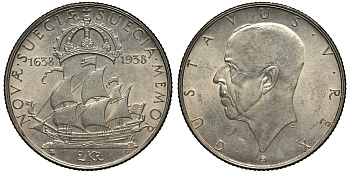 Швеция 2 кроны 1938 G, Густав V (1907-1950), 300 лет шведским поселениям в Делавере KM 807 серебро 3896-1631