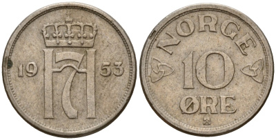 Норвегия 10 эре 1953 Хокон VII (1906 - 1957) KM 396 медно-никель 4154-762