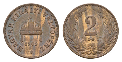 Венгрия 2 филлера 1909 KB, Франц Иосиф I (1848-1916) KM 481 бронза 4625-1164