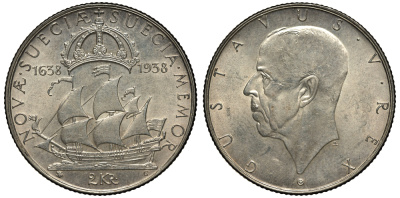 Швеция 2 кроны 1938 G, Густав V (1907-1950), 300 лет шведским поселениям в Делавере KM 807 серебро 3896-1631