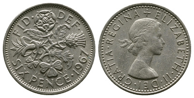 Великобритания 6 пенсов 1967 Елизавета II (1952-2022) KM 903, Spink 4149 медно-никель 4381-861