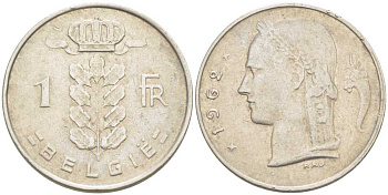 БЕЛЬГИЯ 1 ФРАНК 1962 BELGIE, БОДУЭН I (1951-1993) KM 143.1 медно-никель 213-331