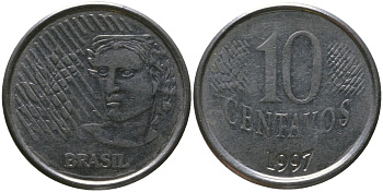 Бразилия 10 сентаво 1997 KM 633, Schon 142 нержавеющая сталь 4519-955