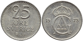 Швеция 25 эре 1973 U, Густав VI Адольф (1950-1973) KM 836 медно-никель 4396-525
