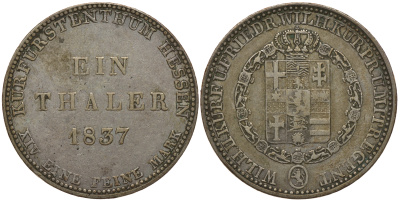 Гессен-Кассель 1 талер 1837 Вильгельм II Гессен-Кассельский (1821-1847) и Фридрих Вильгельм I (1831-1847) КМ 587, AKS 46, Jaeger 32 серебро 00-807-35