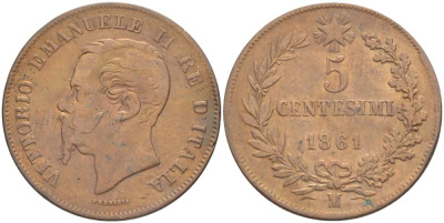 ИТАЛИЯ 5 ЧЕНТЕЗИМО 1861 М, МОНДВОР МИЛАН, ВИКТОР ЭММАНУИЛ II (1861-1878) KM 3.2 медь 4182-1253