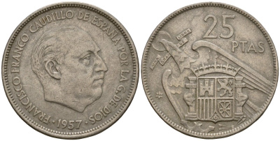 Испания 25 песет 1957 (64) KM 787 медно-никель 92-544