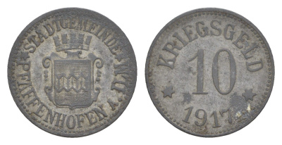 Пфаффенхофен-ан-дер-Ильм 10 пфеннигов 1917 Funck 421.2, Men05 20354.2, Men18 25512.2 цинк 4636-1215