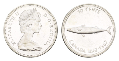 Канада 10 центов 1967 рыба, 100 лет Конфедерации Канада, Ссеребро 0.800, вес 2,3 гр, диаметр 18,3 мм KM 67 серебро BU 4651-331